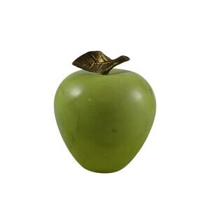 Vintage Mid-Century Green Stone Marble Apple Paperweight Metal Stem Decor